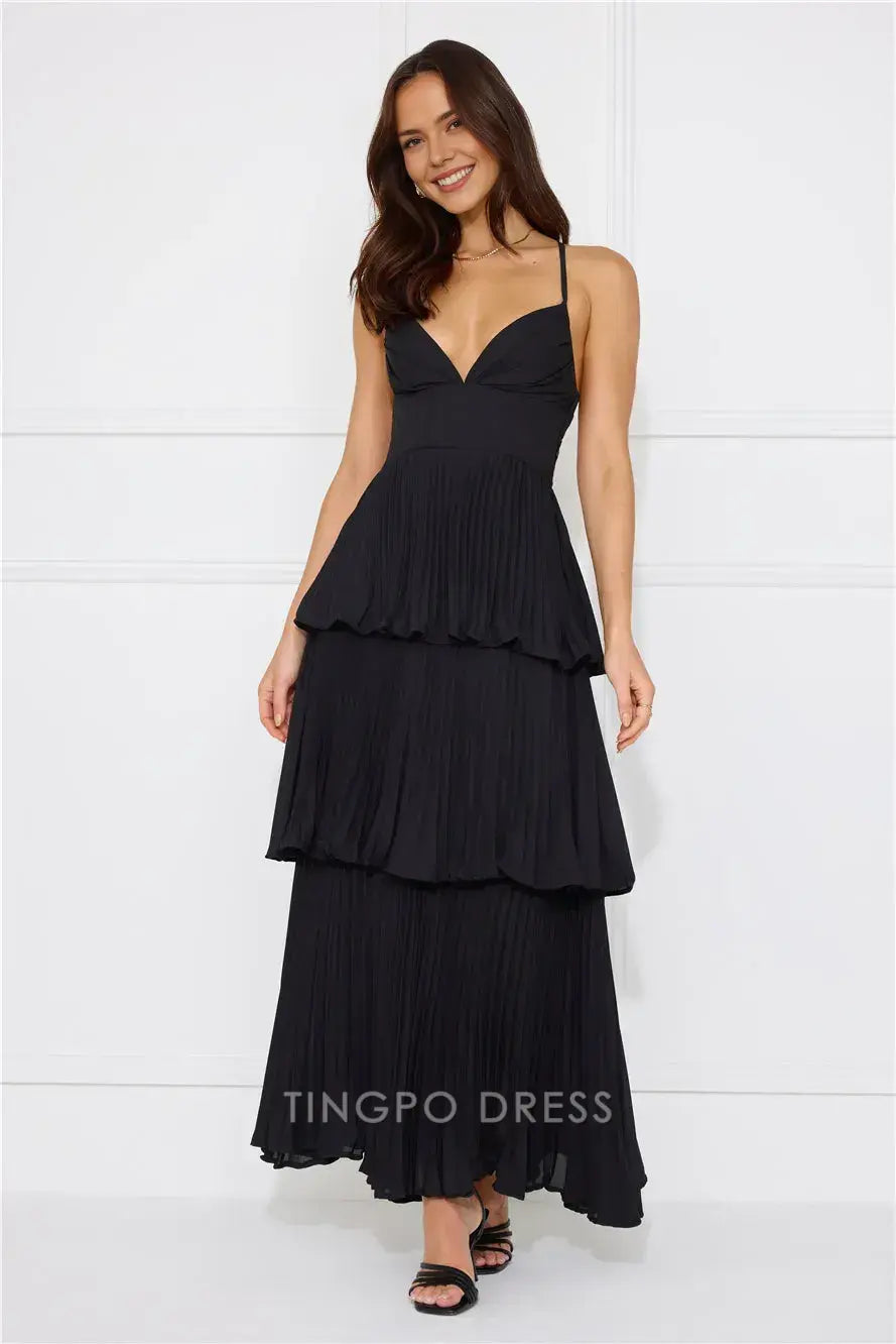 Elegant A-Line Spaghetti Strap Tiered Maxi Dress with Open Back Prom Dress